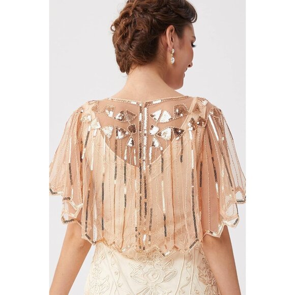 🆕 Women Gold Sequin Beaded Evening Cape Bridal Shawl Bolero Flapper Cover Up - Picture 2 of 6